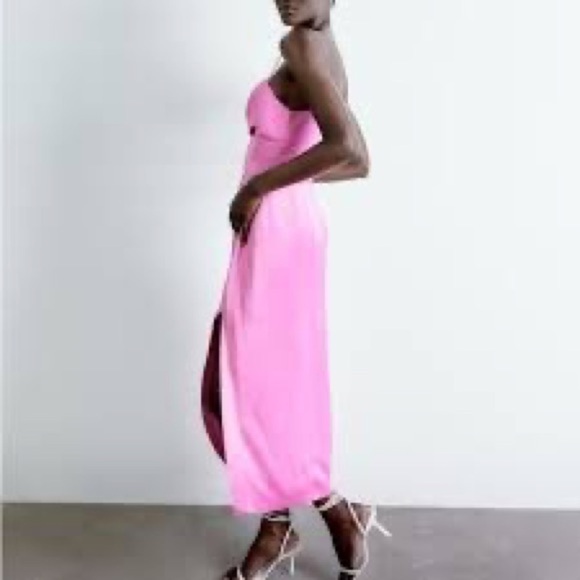 Zara Pink Straight Neck Satin Effect Midi Dress - Picture 2 of 13